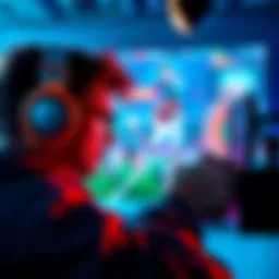 A player intensely focused on the screen while playing a vibrant video game with colorful graphics and action elements.