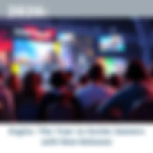 A group of gamers eagerly watching a game showcase on a large screen, filled with colorful graphics and game trailers.