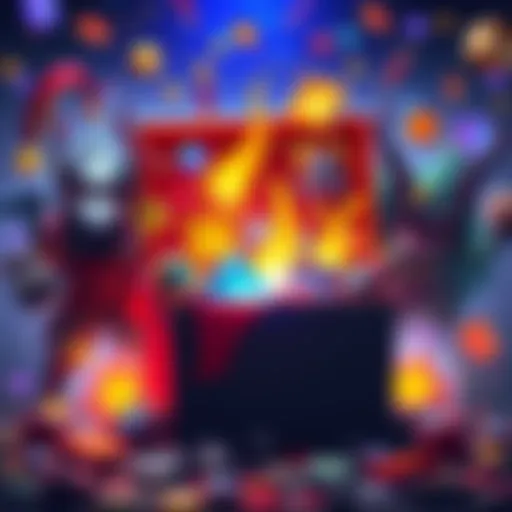 A colorful loot box opened with various gaming rewards and treasures spilling out, surrounded by game characters and excitement.