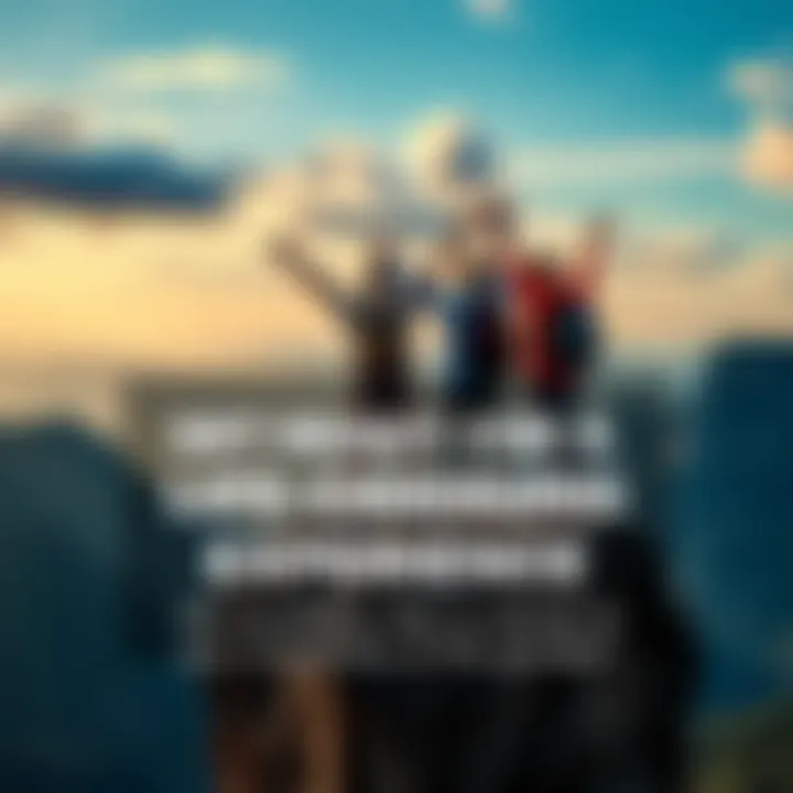 Group of friends standing on a cliff with arms raised, looking excited about their upcoming adventure