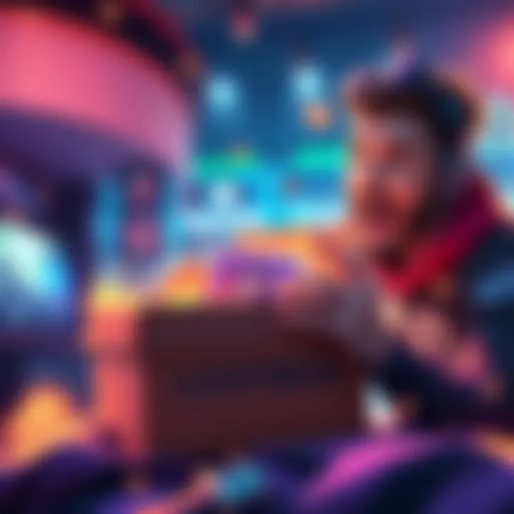 A gamer joyfully unboxes a lootbox, revealing a new item with a surprised expression.