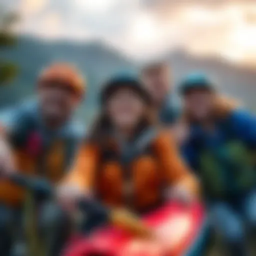 A group of friends enjoying outdoor activities like hiking, biking, and kayaking, smiling and having fun together in nature.