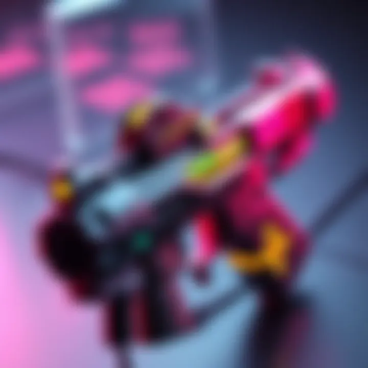 A concept image of a new futuristic gun designed for a video game, showcasing vibrant colors and innovative features, aimed at enhancing gameplay excitement.