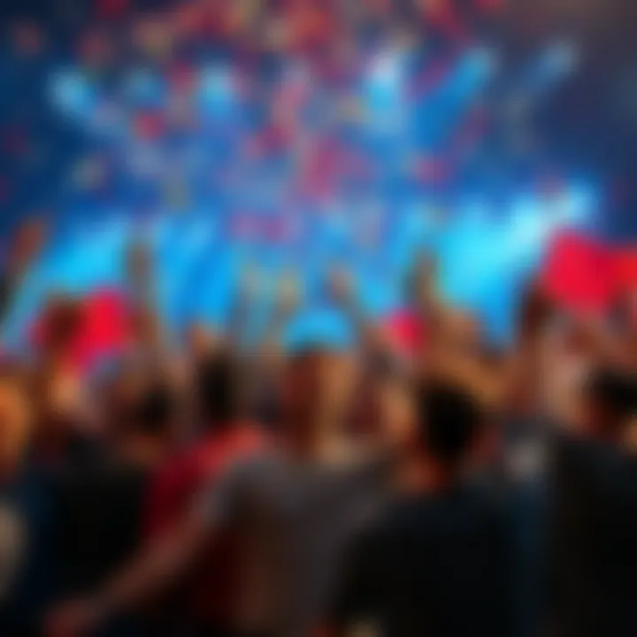 A group of excited fans celebrating a major announcement with confetti and banners