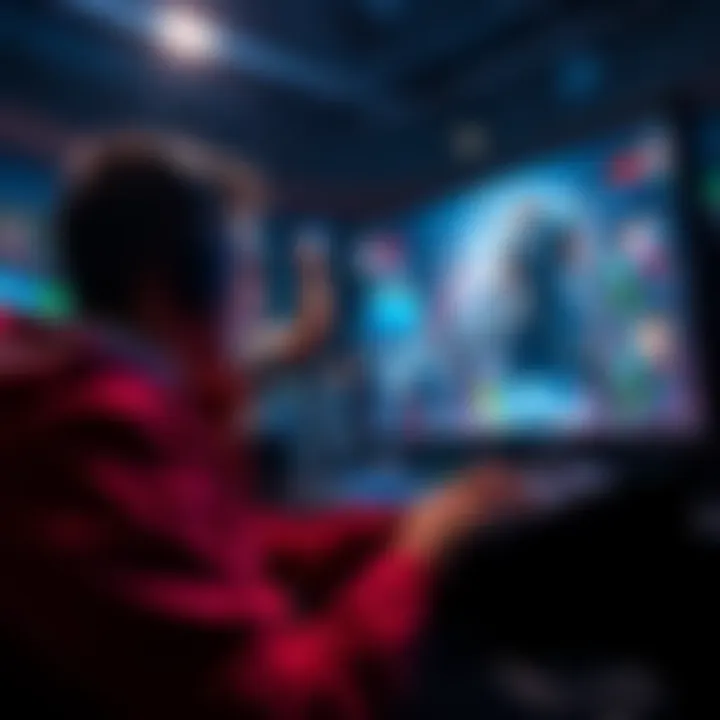 A gamer enjoying a combat-focused PC game, showcasing character upgrades and skills on screen.