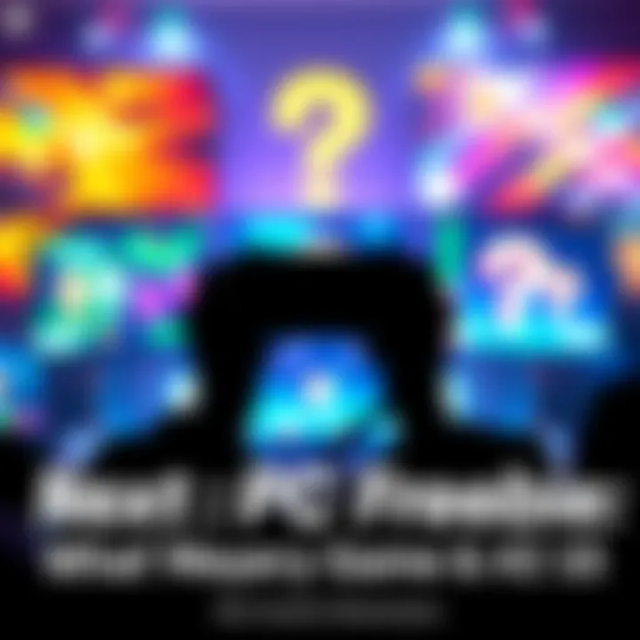 A vibrant gaming scene featuring a silhouette of a character holding a controller, with colorful graphics and question marks in the background, symbolizing the anticipation for the new PC freebie.