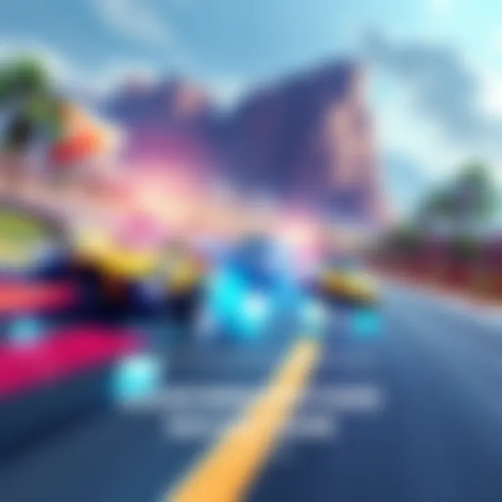 A colorful scene of futuristic racing cars speeding on a vibrant track with dynamic scenery in the background.