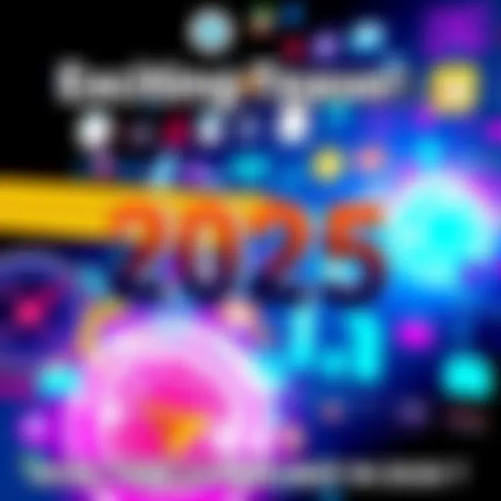 A vibrant collage of icons representing technology, entertainment, and global events for 2025.