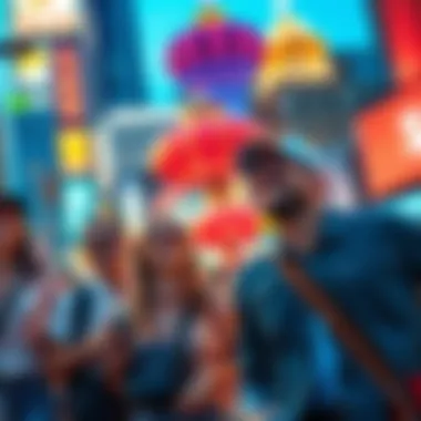 A group of people exploring a vibrant city during a campaign, with laughter and excitement as they travel together.