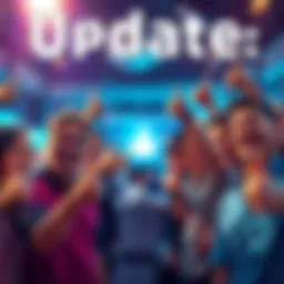 A vibrant graphic showing people celebrating a software update with thumbs up and smiling faces