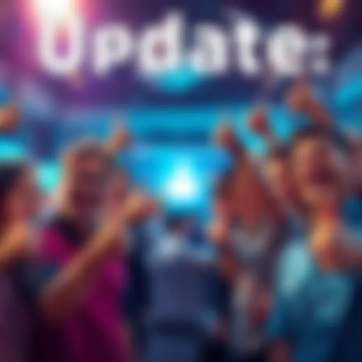 A vibrant graphic showing people celebrating a software update with thumbs up and smiling faces