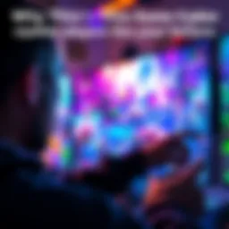 A player intensely focused on a vibrant video game display, showcasing dynamic gameplay and detailed graphics.