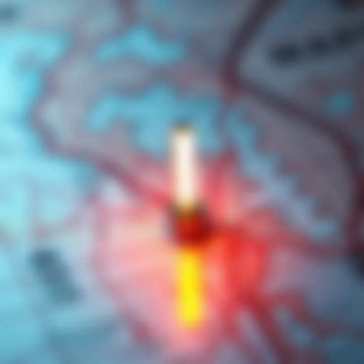 A close-up of a map with a bright exclamation point symbol highlighting an important location.