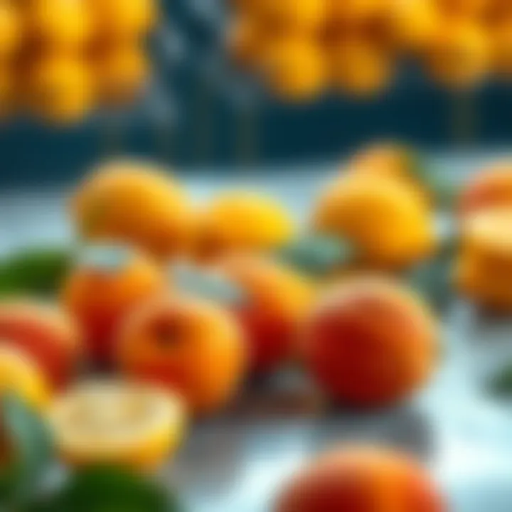 Apricots and lemons are shown on a table, surrounded by other fruits involved in the harvesting trial.