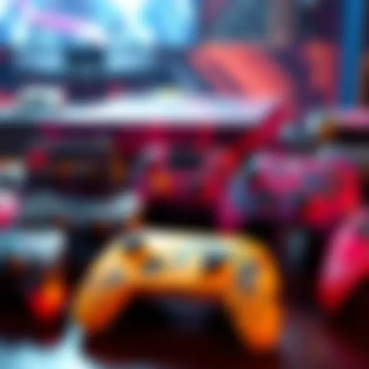 A collection of vibrant console wraps and custom controllers displayed together, showcasing their unique designs and craftsmanship.