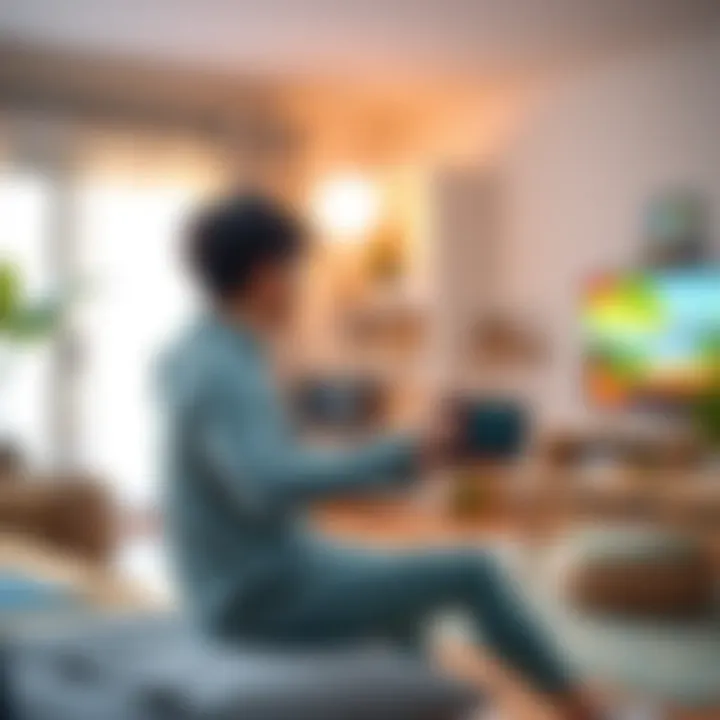 A person playing an exercise game on Nintendo Switch 2, actively engaging with fitness activities in a bright living room