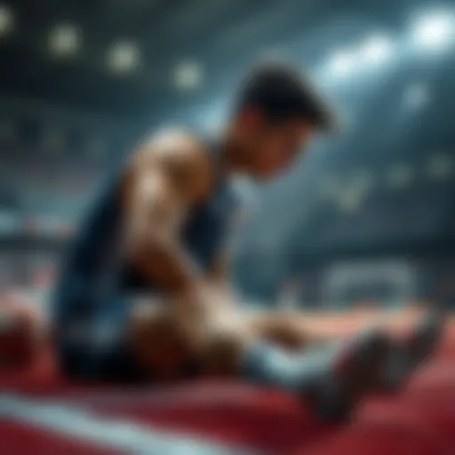 A tired athlete sitting on the ground, catching breath after an intense game, showing signs of fatigue and determination