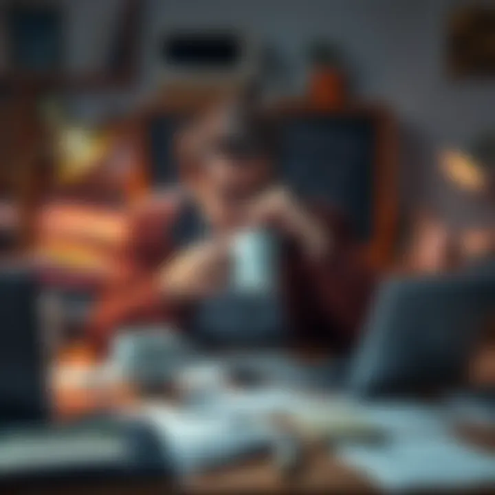 A tired individual sitting at a cluttered desk, holding a coffee cup, surrounded by papers and a laptop, expressing fatigue and stress from daily life pressures.