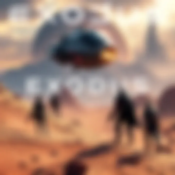 An exciting screenshot of the Exodus game, showcasing a sci-fi landscape with futuristic characters and ships, suggesting an adventurous RPG experience.