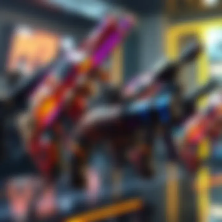 A selection of exotic guns featured in a PVP gaming scene, showcasing vibrant designs and unique features.