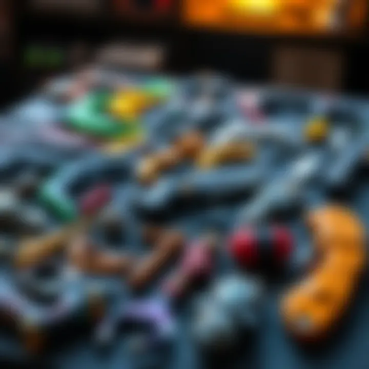 A collection of colorful exotic weapon parts laid out on a table, showing various shapes and textures for gamers to collect and use.