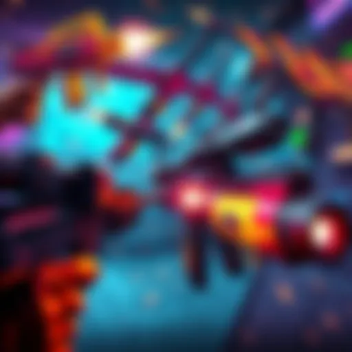 A collection of cool exotic weapons for gaming with bright effects and unique designs, showcasing a dynamic gameplay scene with a focus on Riskrunner.