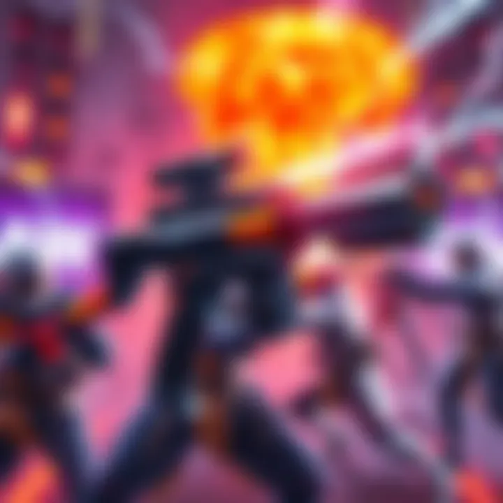 A powerful futuristic gun emitting status effects like fire and electricity in a vibrant battle scene