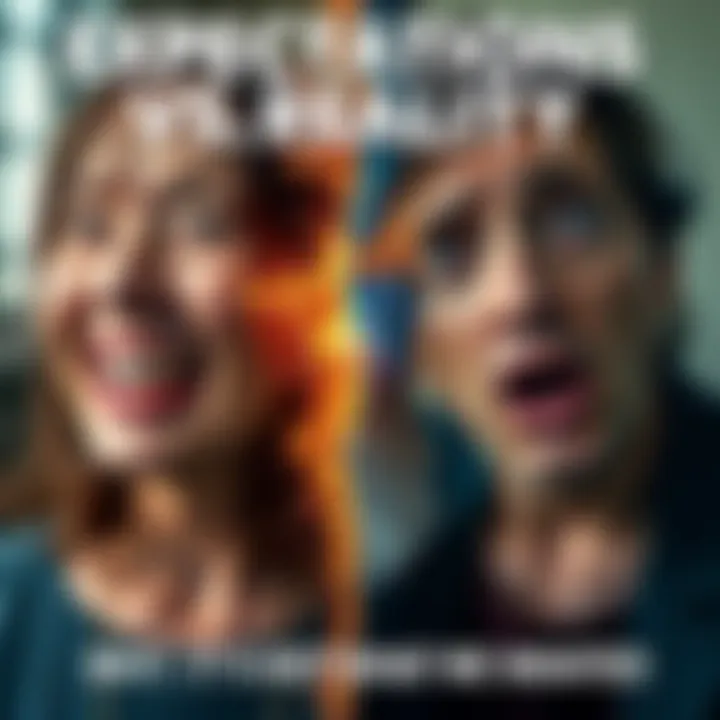 A split image showing a happy person with high expectations on one side and a disappointed person with a reality check on the other side