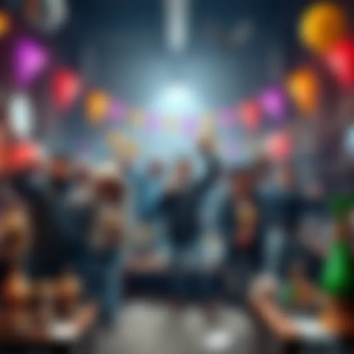 Expedition Completion Celebration A group of adventurers celebrating the completion of Expedition 3 with trophies and decorations in a workshop setting.