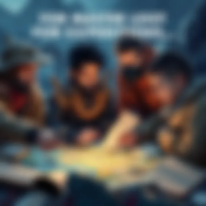 A group of adventurers analyzing a map while planning an efficient loot route during an expedition