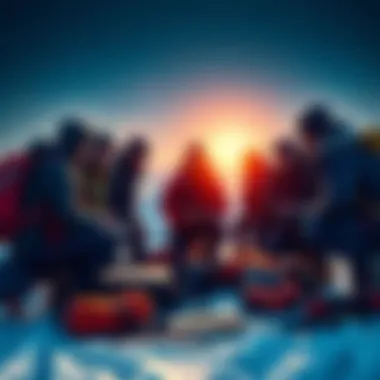 A group of people discussing and packing their gear for an upcoming expedition, looking thoughtful about what to leave behind.