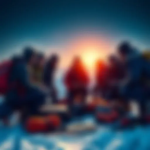 Expedition participants preparing gear A group of people discussing and packing their gear for an upcoming expedition, looking thoughtful about what to leave behind.