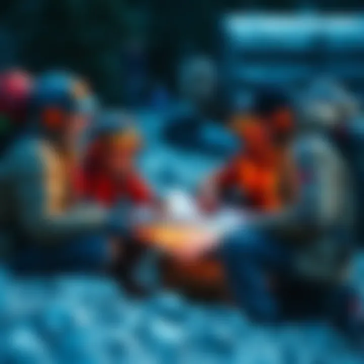 A group of adventurers analyzing maps and supplies during an expedition, discussing resource commitment and strategy.