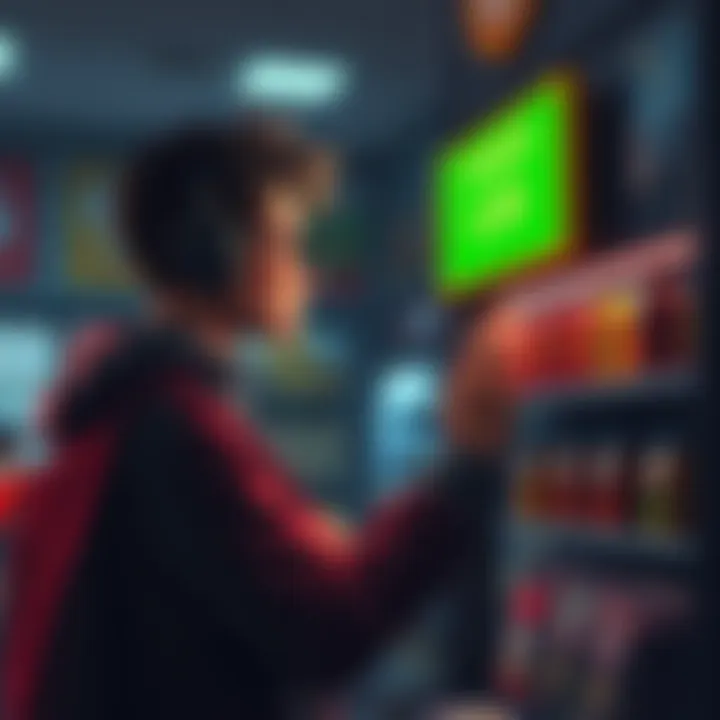 A gaming character looking at a high price tag on health items in a shop, showing frustration