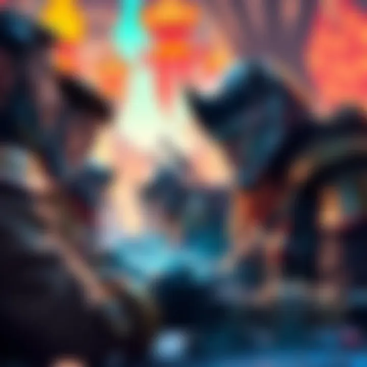 A group of skilled raiders working together to complete quests in a colorful game environment, focused and engaged in their tasks.