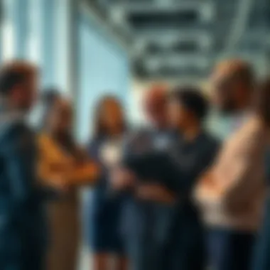 A group of diverse professionals discussing strategies for success in a bright office setting