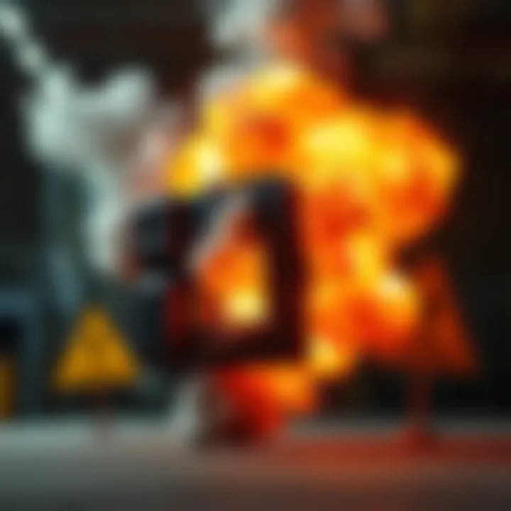 Exploding Carryable Device A malfunctioning carryable object device emitting smoke and sparks, with warning signs around it