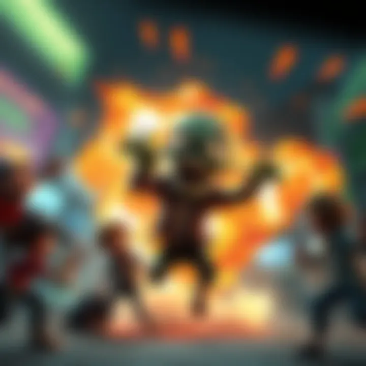 A cartoonish exploding zombie surrounded by a fiery blast, with surprised human characters nearby in a game scene