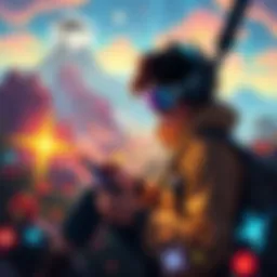 A gamer immersed in a colorful game world, surrounded by vibrant landscapes and hidden treasures, showcasing the thrill of adventure