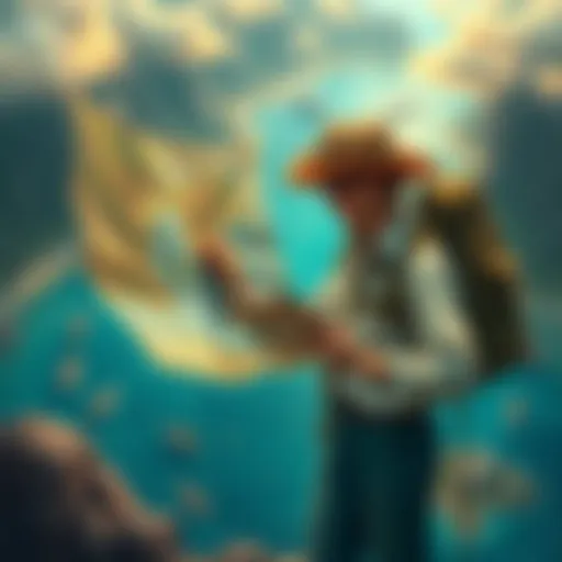 A frustrated explorer looking at a map during a search for Sirena Dorata, surrounded by various landscapes but unable to find any models.