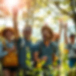 A group of explorers joyfully celebrating after making a new discovery in nature, with bright smiles and excited expressions, surrounded by trees and sunshine.