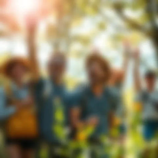 A group of explorers joyfully celebrating after making a new discovery in nature, with bright smiles and excited expressions, surrounded by trees and sunshine.