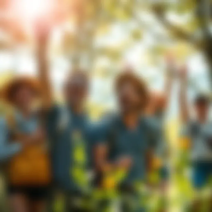 Explorers celebrating a new finding A group of explorers joyfully celebrating after making a new discovery in nature, with bright smiles and excited expressions, surrounded by trees and sunshine.