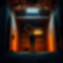 A person stands at the entrance of a dimly lit basement, looking down with a mix of fear and excitement.