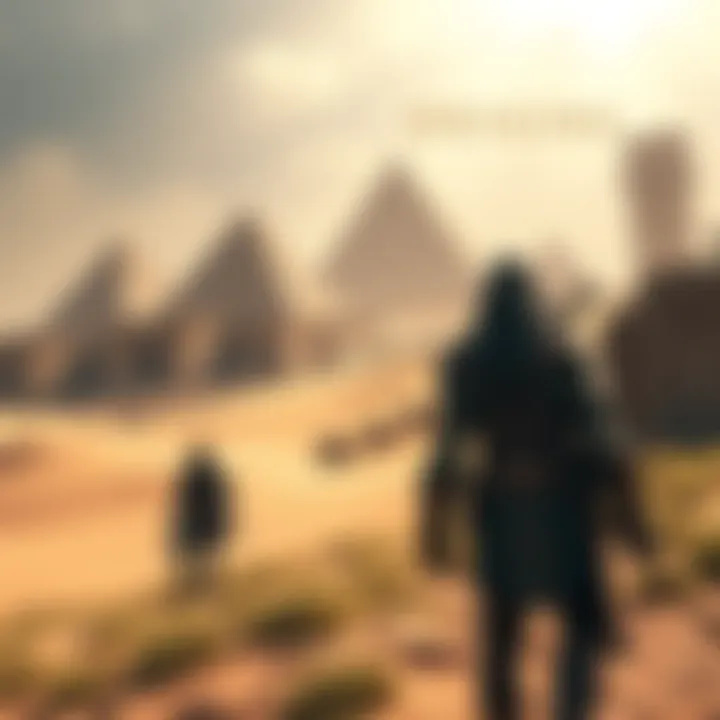 A player character from AC Origins exploring an ancient Egyptian setting with pyramids and sand dunes in the background.