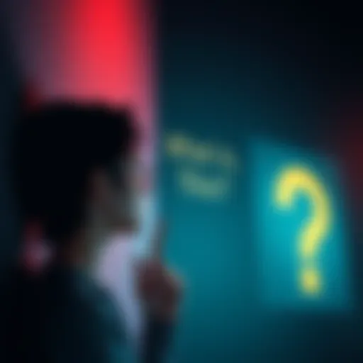 A person looking thoughtfully at a question mark on a wall, symbolizing curiosity and inquiry.