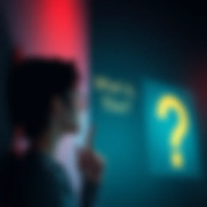 A person looking thoughtfully at a question mark on a wall, symbolizing curiosity and inquiry.