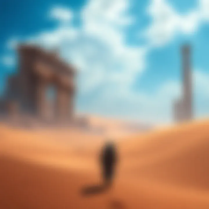 A gamer walking through a vast desert in Assassin's Creed Origins, with blue sky and ancient ruins in the background.