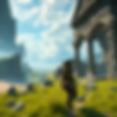 A player character in Elden Ring standing near the Gatefront Ruins, looking at paths to take, surrounded by ruins and grasslands.