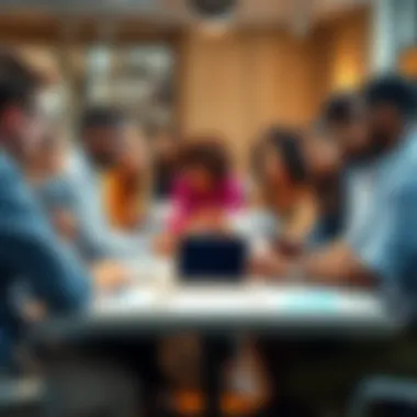 A group of diverse people discussing various options at a table, with charts and graphs showing innovative ideas.